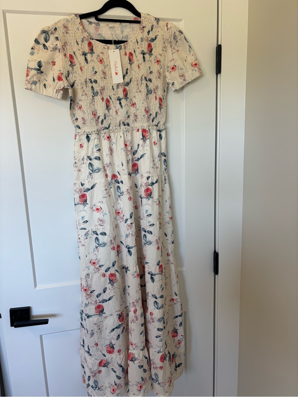 Petallush Cream Floral Smocked Dress with Pink & Blue Accents